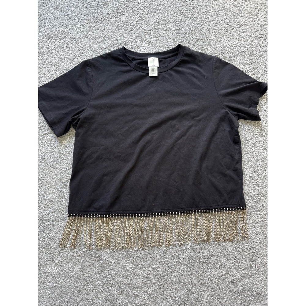 Joie Black Crystal Rhinestone Fringe Hem Short Sleeve T-Shirt Small